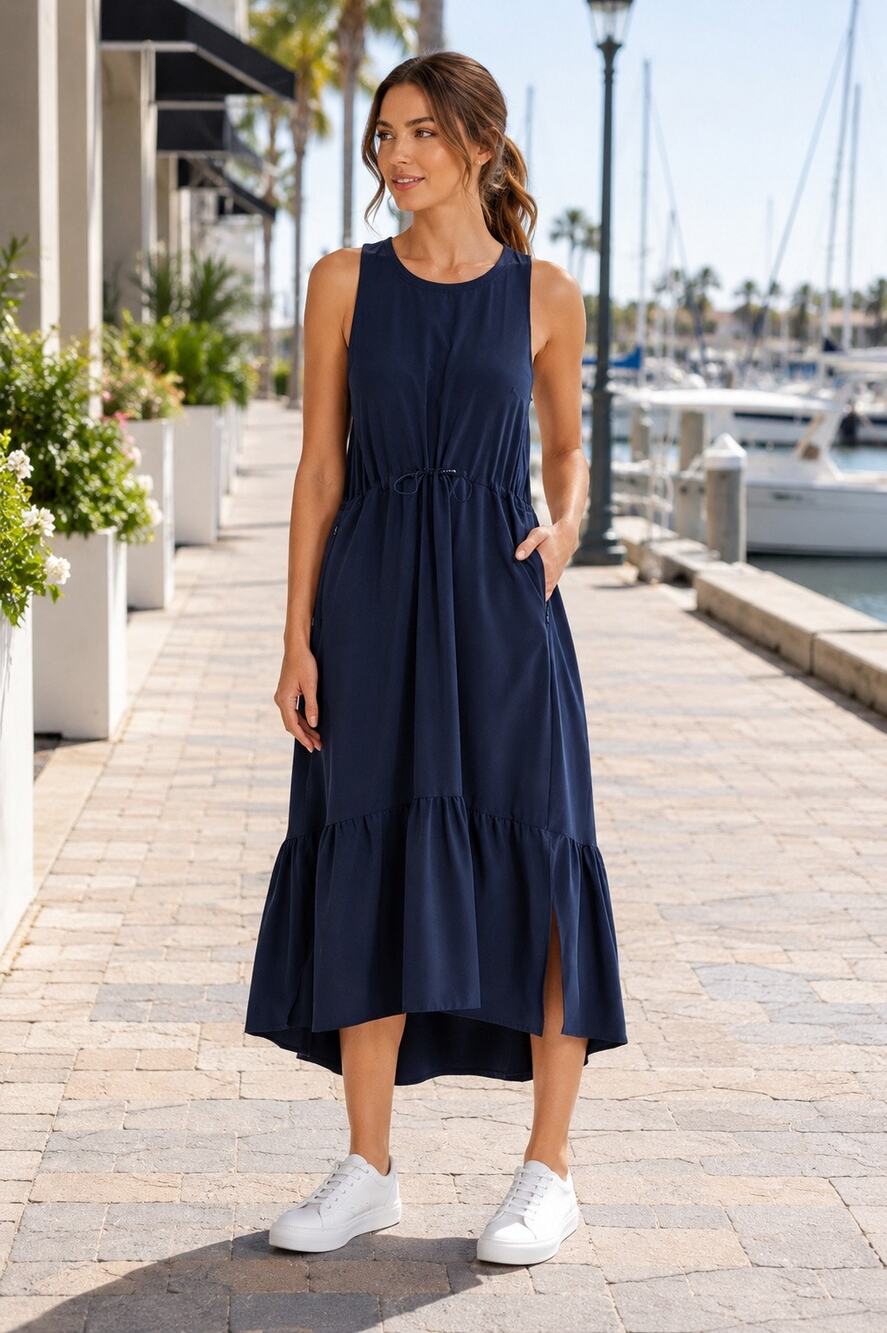 Zella Pursuit Tiered Midi Dress Navy Sapphire XS Drawstring Waist